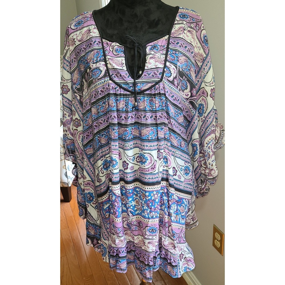Analili Bohemian dolman sleeve tunic top blue and purple paisley floral Large - Picture 3 of 12